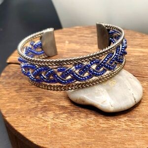 B2914 sterling Indian wedding attire cuff bracelet sapphire seed‎ bead detailing